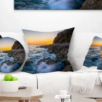 Design Art Crashing Waves At Pelican Cove - Sea & Shore Printed Throw Pillow In Blue