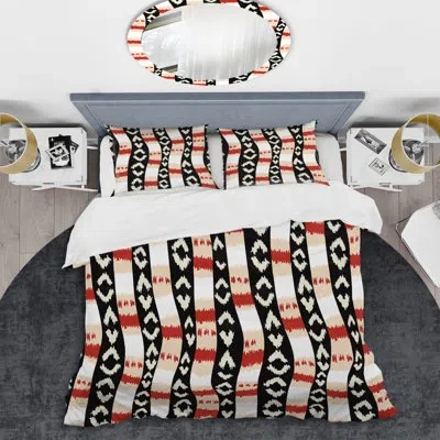 Design Art Cream And Black Ikat - Patterned Duvet Cover Set In Black,orange,white