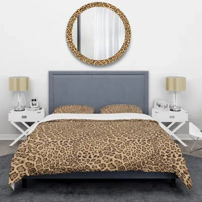 Design Art Cream And Black Leopard Pattern - Animals Duvet Cover Set - Microfiber Polyester In Brown,tan