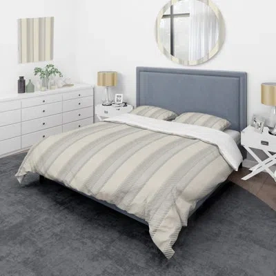 Design Art Cream And Grey Striped Pattern - Abstract Duvet Cover Set - Microfiber Polyester In Cream,gray