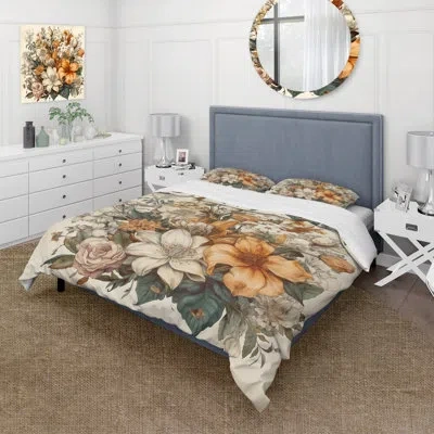 Design Art Cream And Orange Flowers Bouquet Interpretation I - Bouquet Duvet Cover Set - Microfiber Polyester In Orange;cream
