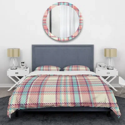 Design Art Cream And Pink Checked Tartan - Abstract Duvet Cover Set - Microfiber Polyester In Pink,blue