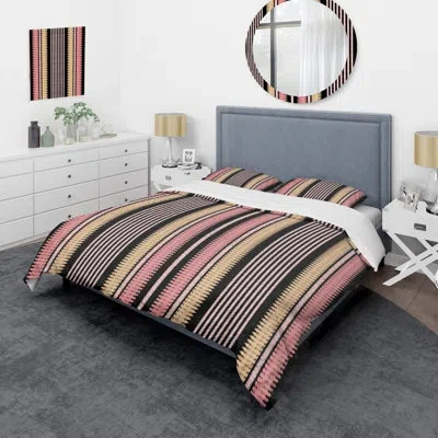 Design Art Cream And Pink Striped Pattern - Abstract Duvet Cover Set - Microfiber Polyester In Pink;cream