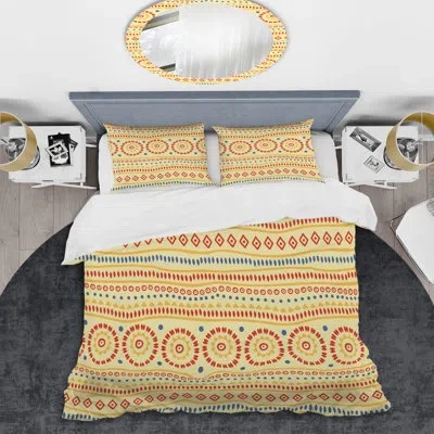 Design Art Cream And Red Tribal Striped - Abstract Duvet Cover Set - Microfiber Polyester In Cream,red