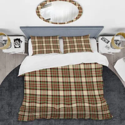 Design Art Cream Checked Tartan - Abstract Duvet Cover Set - Microfiber Polyester In Brown