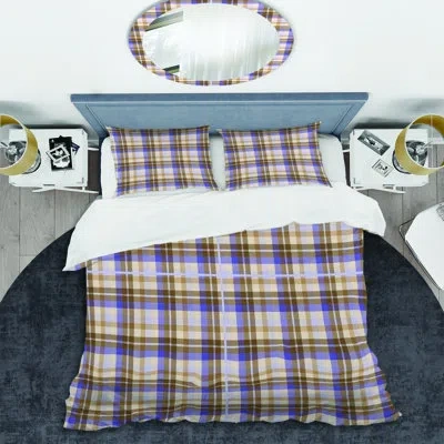Design Art Cream Checked Tartan - Abstract Duvet Cover Set - Microfiber Polyester In Cream,blue