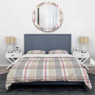 Design Art Cream Checked Tartan - Abstract Duvet Cover Set - Microfiber Polyester In Cream,red