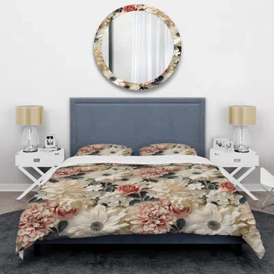 Design Art Cream Delicate Poppies Flowers Iii - Floral Duvet Cover Set In White