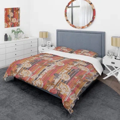 Design Art Cream Flower And Grey Leaves - Floral Duvet Cover Set - Microfiber Polyester In Orange