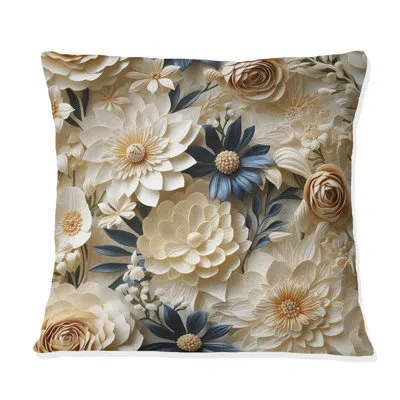 Design Art Cream Lace Botanics - Floral Printed Throw Pillow In Blue;white