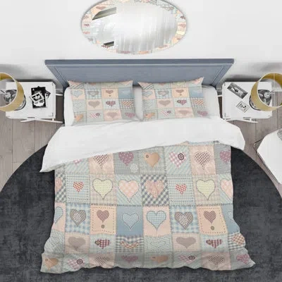 Design Art Cream Love Patchwork - Patterned Duvet Cover Set In Blue,pink