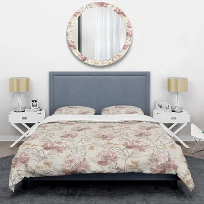 Design Art Cream Roses - Cabin & Lodge Duvet Cover Set In Cream,pink