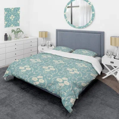 Design Art Cream Roses On Green - Cabin & Lodge Duvet Cover Set In Cream,green