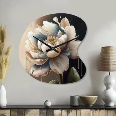 Design Art Cream White Flower - Floral Unique Shape Metal Clock, Traditional Asymmetrical Wall Clock Print In White;gray