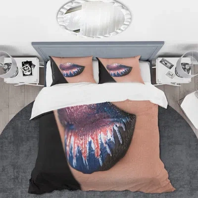 Design Art Creative And Fashion Make Up On Woman Lips - Modern Duvet Cover Set - Microfiber Polyester In Blue