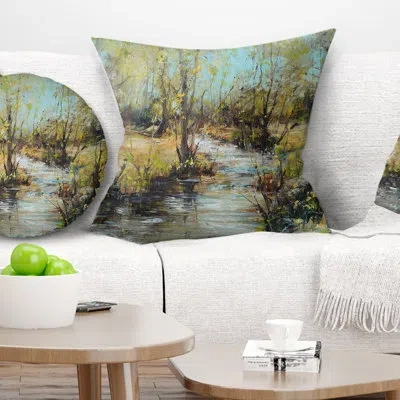 Design Art Creek And Woods Oil - Landscape Printed Pillow