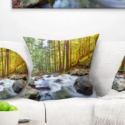 Design Art Creek Flowing Through Forest - Landscape Printed Pillow In Yellow