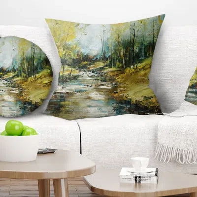 Design Art Creek In The Forest Oil - Landscape Printed Pillow