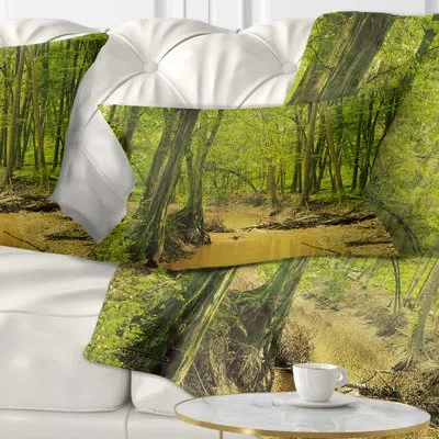 Design Art Creek In Wild Green Forest - Forest Printed Pillow