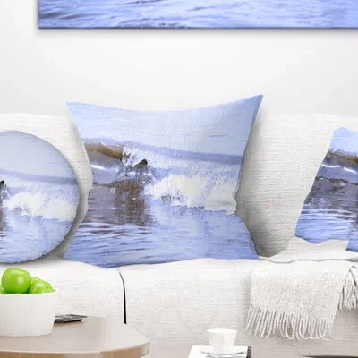 Design Art Crisp Blue Waves Splashing Beach - Sea & Shore Printed Throw Pillow