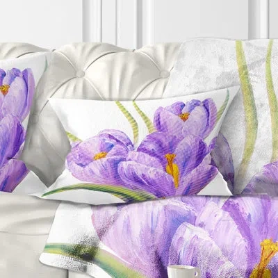 Design Art Crocuses In White Background - Floral Printed Throw Pillow