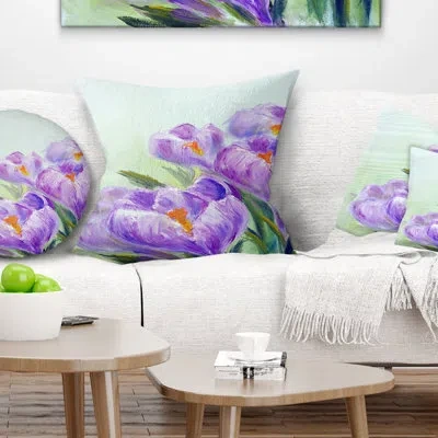 Design Art Crocuses Looking Into Sky - Floral Printed Pillow In Green;purple