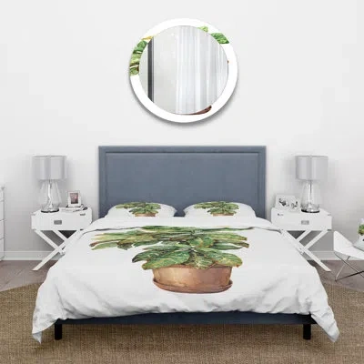 Design Art Croton In Clay Flowerpot - Traditional Duvet Cover Set - Microfiber Polyester In Brown;white;green
