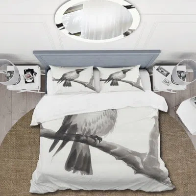 Design Art Crying Crow On A Branch - Traditional Duvet Cover Set - Microfiber Polyester In Gray