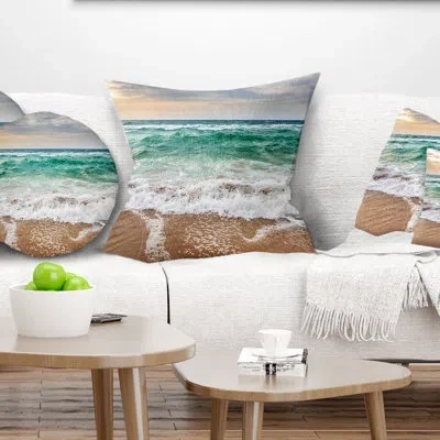 Design Art Crystal Clear Blue Foaming Waves - Sea & Shore Printed Pillow In Green