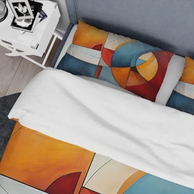 Design Art Cubism Geometric Form I - Cubism Duvet Cover Set - Microfiber Polyester In Teal;coral
