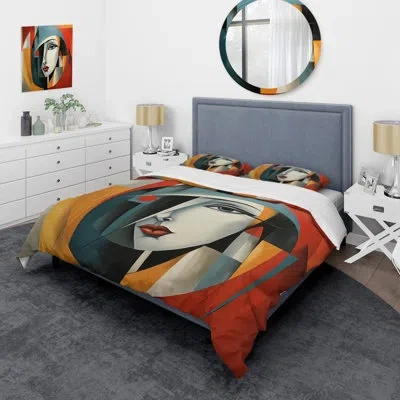 Design Art Cubism Geometric Portrait Iv - Cubism Duvet Cover Set - Microfiber Polyester In Yellow;teal;coral