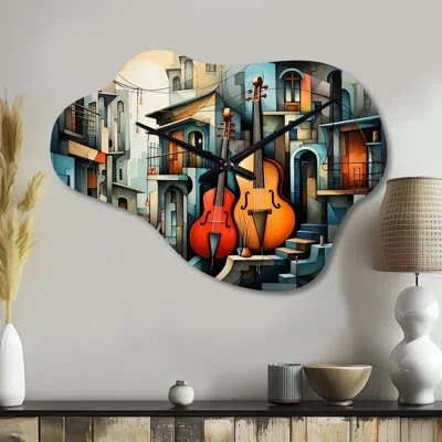 Design Art Cubism Music Forms V - Cubism Cloud Metal Wall Clock, Teal Asymmetrical Wall Clock Print In Orange;teal