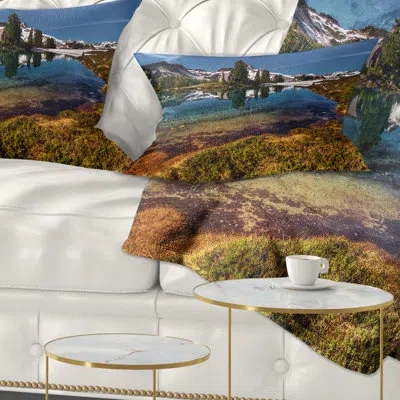 Design Art Curving Mountain Lake Shore - Landscape Printed Pillow In Green