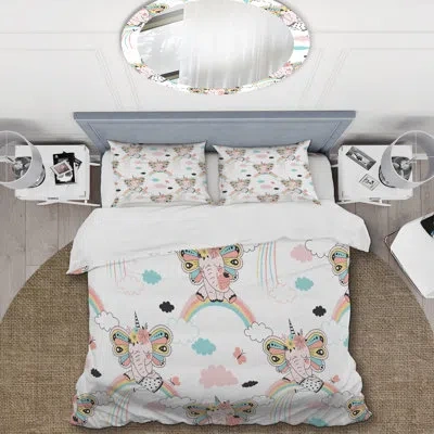 Design Art Cute Baby Elephant Rainbow - Animals Duvet Cover Set - Microfiber Polyester In White;pink