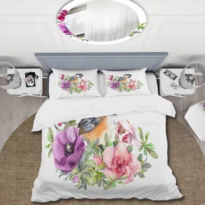 Design Art Cute Bird In Pink And Purple Flowers - Traditional Duvet Cover Set - Microfiber Polyester In Green,pink,white