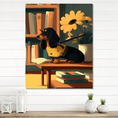 Design Art Cute Dachshund With Yellow Sweater On A Chair - Animals Dog Daschund Wall Clocks In Black;yellow