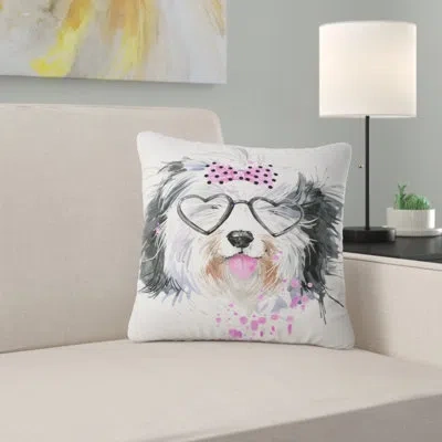 Design Art Cute Dog With Heart Glasses - Animal Printed Pillow In White