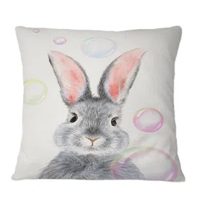 Design Art Cute Fluffy Grey Rabbit - Traditional Printed Throw Pillow In Gray