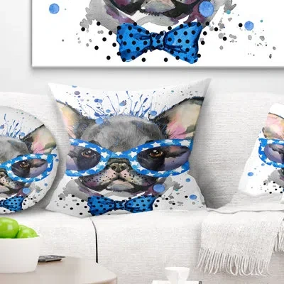 Design Art Cute French Bulldog With Glasses - Animal Printed Pillow In Gray