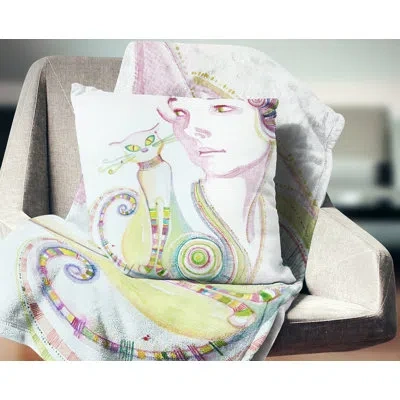 Design Art Cute Girl With Cat - Portrait Printed Pillow In White;yellow