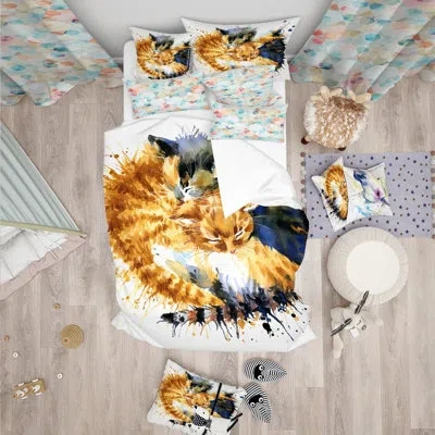 Design Art Cute Kitten Graphical - Animal Duvet Cover Set - Microfiber Polyester In Brown