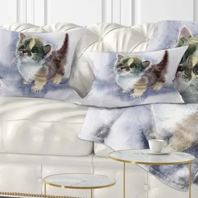 Design Art Cute Kitten On Blue Watercolor - Animal Printed Throw Pillow
