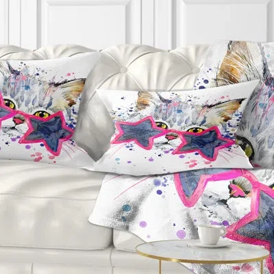 Design Art Cute Kitten With Blue Stars - Animal Printed Throw Pillow