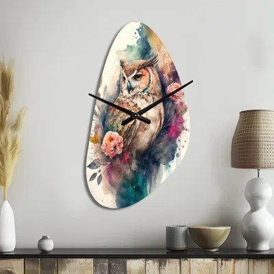 Design Art Cute Owls Floral Art Ii - Owl Asymmetrical Metal Clock, Modern Freeform Wall Clock Print In Multi-color
