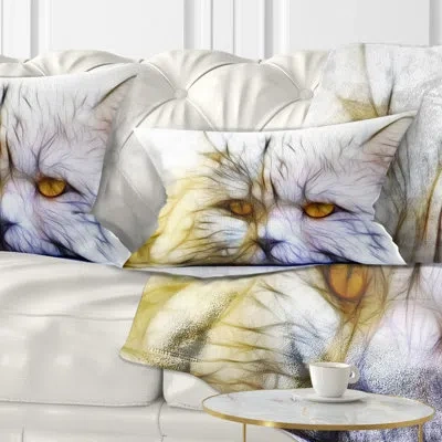 Design Art Cute White Cat Fractal - Animal Printed Throw Pillow