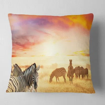 Design Art Cute Zebras Grazing In Grassland - Animal Printed Throw Pillow In White