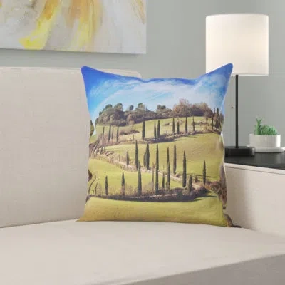 Design Art Cypress Trees Scenic Road Siena Italy - Landscape Printed Throw Pillow In Green