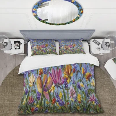 Design Art Daisies And Wildflowers In Summer Garden Field I - Traditional Polyester Duvet Cover Set In Pink,orange,purple