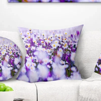 Design Art Daisy Field Photography Panorama - Floral Printed Pillow In Purple