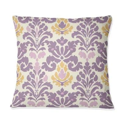 Design Art Damask Blush Pink Yellow Beauty I - Country Pillow In Yellow;purple